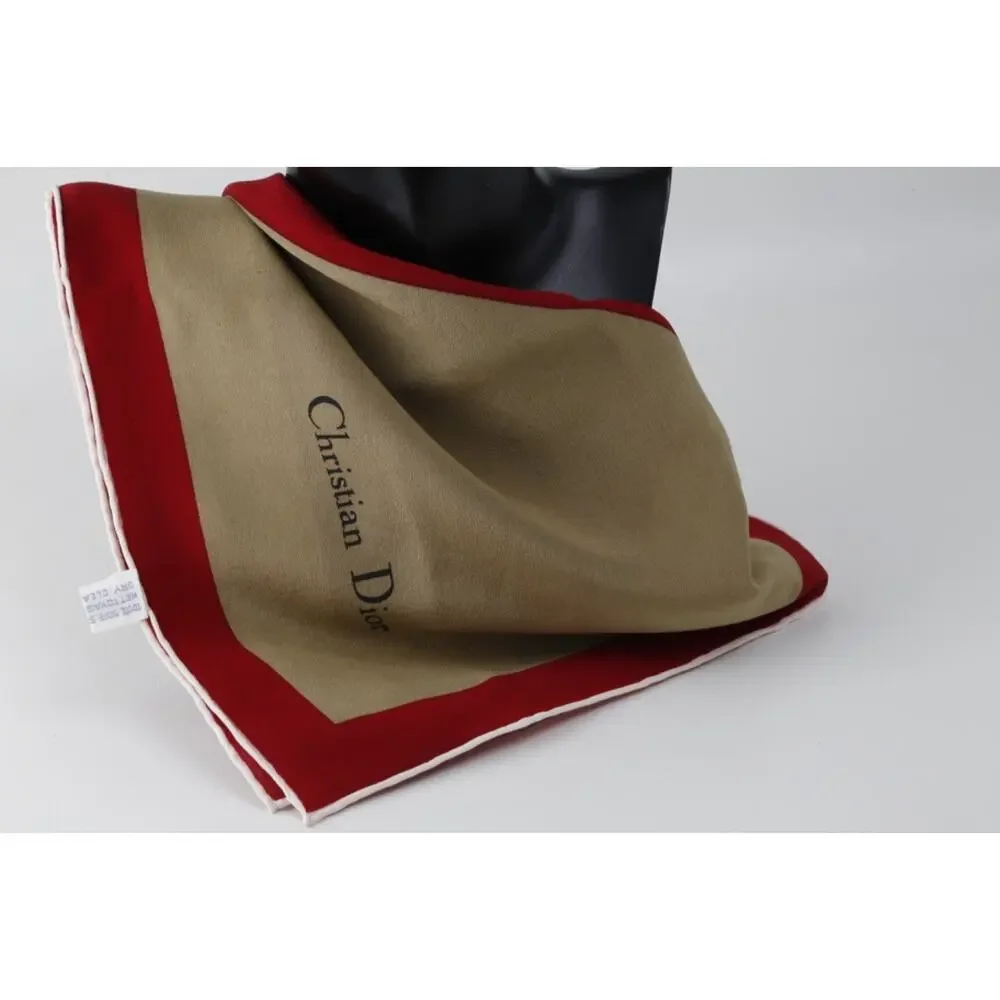 Vintage Christian Dior Silk Square Scarf Beige Tan Red Border White Stripe Logo